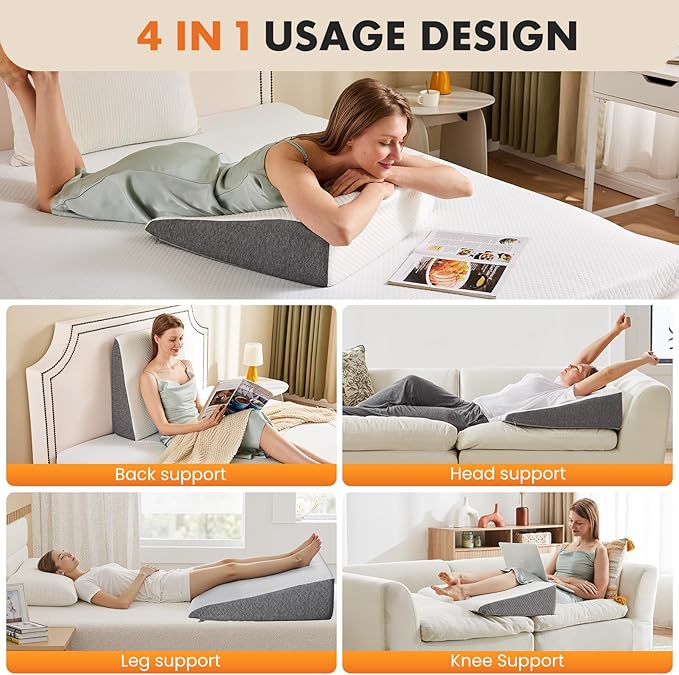 Sweetcrispy 7.5 Inch Wedge Pillow, Body Pillow for Snoring, Sleep Apnea, Neck Pain Relief, Post Surgery, Sleeping Comfort, White & Gray