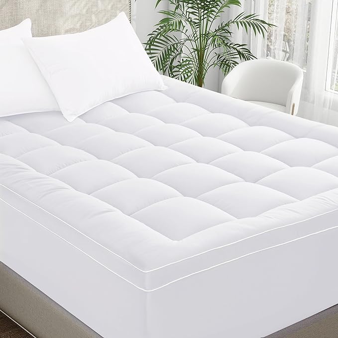 2~3In Mattress Topper Queen Size Breathable Filled Soft Fluffy Supportive for Back Pain Relief, Bed Mattress Pad Pillow Topper with Extra Thick Padded Protector for 8"-21" Deep Pocket