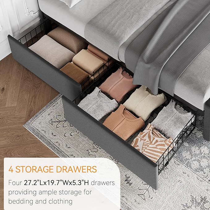 IDEALHOUSE Full Size Bed Frame with 4 Storage Drawers and Adjustable Headboard, Upholstered Mattress Foundation with Skin-Frienly Linen, No Box Spring Needed, Dark Grey (Full)