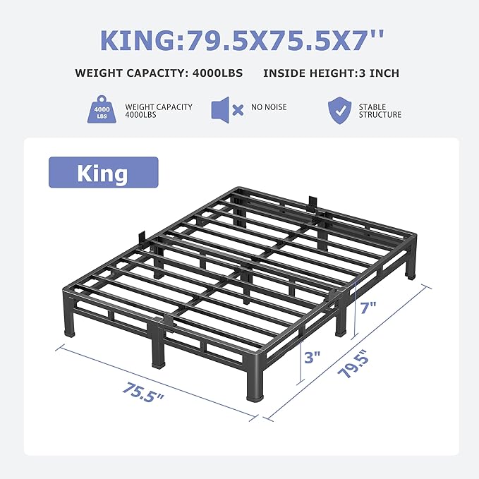 NKZ 7 Inch King Size Bed Frame, Metal Bed Frame & Box Spring 2 in 1 Platform with Round Corner Legs, 4000Lbs Heavy Duty Low-Profile Frame, Mattress Slide Stopper, Noise-Free, Easy Assembly
