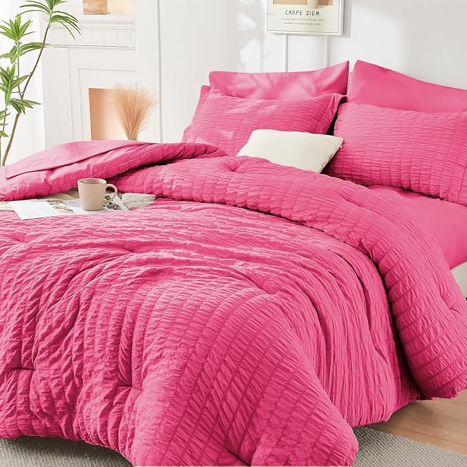 HYMOKEGE Hot Pink California King Comforter Set Seersucker 7 Pieces, All Season Luxury Bed in a Bag for Bedroom, Bedding Set with Comforter, Sheets, Pillowcases & Shams