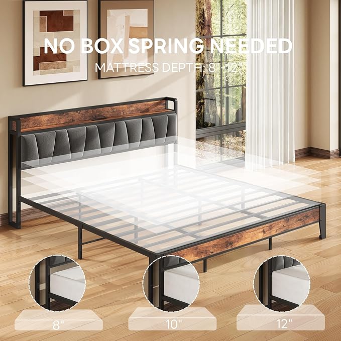 LIKIMIO King Size Bed Frame, Storage Headboard with Charging Station, Solid and Stable, Noise Free, No Box Spring Needed, Easy Assembly