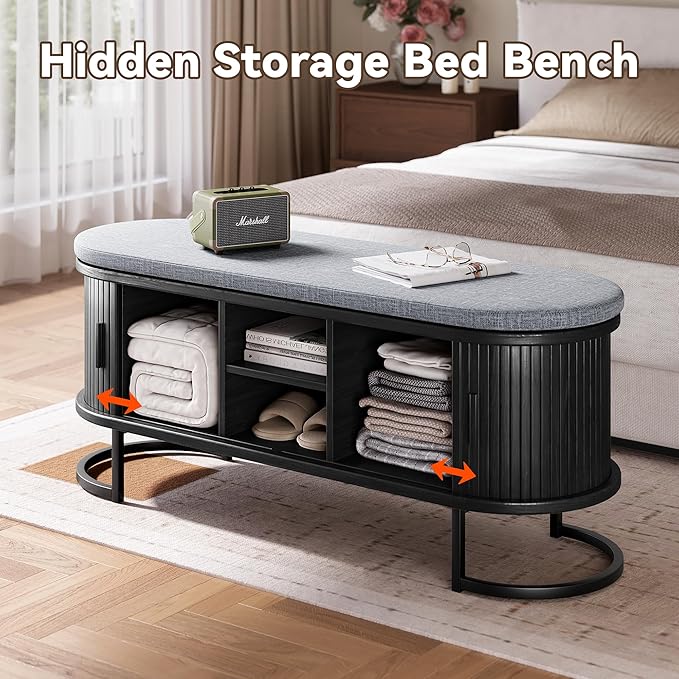 Decofy Storage Bench with Cushion and Sliding Doors, 47.2 Inch Large Entryway Shoe Bench with Sturdy Metal Feet, Multi-Functional for Entrance Hall, Bedroom, Living Room (Black Walnut)
