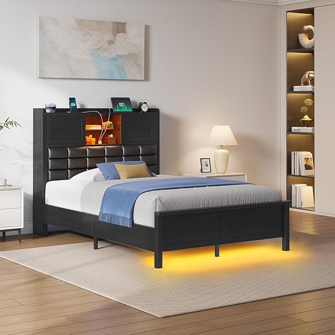 Rolanstar Bed Frame Twin Size with Charging Station, Bookcase Headboard Bed with LED Light and Sliding Doors, Platform Bed with Wooden Slats, No Box Spring Needed, Noise Free, Black
