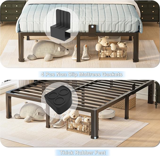 10 inch Full Size Bed Frame with Round Corner Legs and Headboard Hole Mattress Slide Stopper Low Profile Heavy Duty Metal Platform,Steel Slat Support,No Box Spring Needed,Easy Assembly,Noise Free