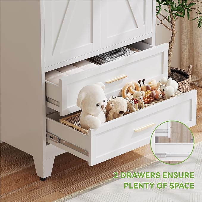 Baborokic Metal Wardrobe Cabinet with Hanging Rod,71" Armoire Wardrobe Closet with 2 Drawers,Farmhouse Bedroom Armoire,Storage Cabinets with Door and Shelves for Bedroom,Laundry Room(White)