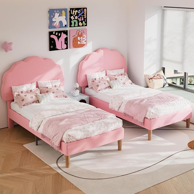 VECELO 2 Set Twin Size Bed Frame, Upholstered Platform Bedframe with Height Adjustable Plush Fabric Headboard, Strong Wood Slat Supports, No Box Spring Needed, Pink