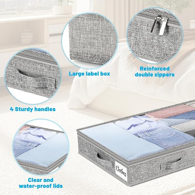 3 Inch Low Profile Under Bed Storage Drawer 2 Pack, Lightweight Underbed Clothes Storage Container Bins With NO STURCTURE, Shallow Storage Bag for Dorm & Home, With Clear Lids & Water-Resistant Fabric