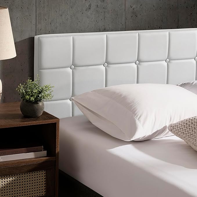 Hearth & Harbor Modern Full-Size Button Tufted Upholstered Headboard - White, Adjustable Height 34'-42', Bed Frame Mount