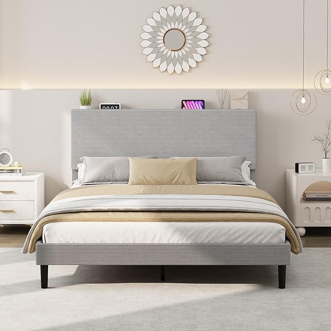 IDEALHOUSE Full Size Bed Frame, Platform Bed with Adjustable Corduroy Upholstered Storage Headboard and Charging Station, Sturdy Metal Support, Noise Free, Easy Assembly, Gray
