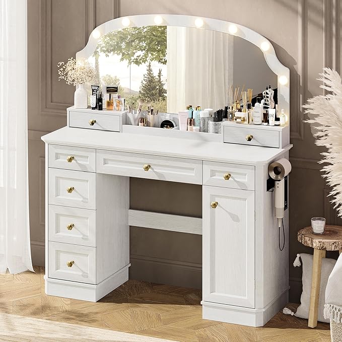 Farmhouse Makeup Vanity Desk with Mirror and Lights, 47'' Vanity Table with 8 Storage Drawers 1 Cabinet & 2 Organizer Trays, Big Dressing Table with Charging for Bedroom Classic White