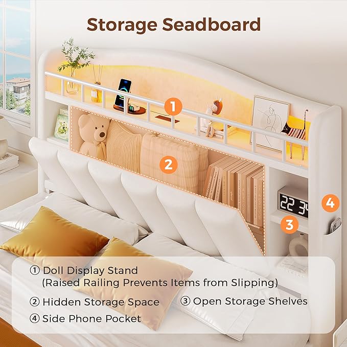 Full Size Bed Frame with LED Storage Headboard & 2 Storage Drawers, Velvet Upholstered Bed with Vertical Tufted Headboard Design, USB & Type-C Charging Ports, Wooden Slats Support, Noise-Free, Beige