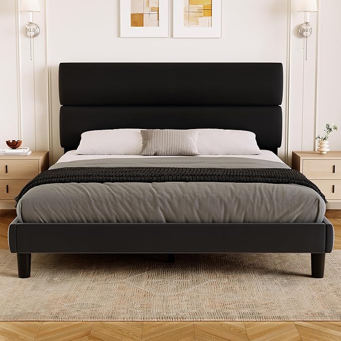 GRUSIGN Queen Size Platform Bed Frame with Velvet Headboard, Adjustable Height Wooden Slats Support, Upholstered Mattress Foundation, Fits Mattress or Mattress with Box Spring, Easy Assembly, Black