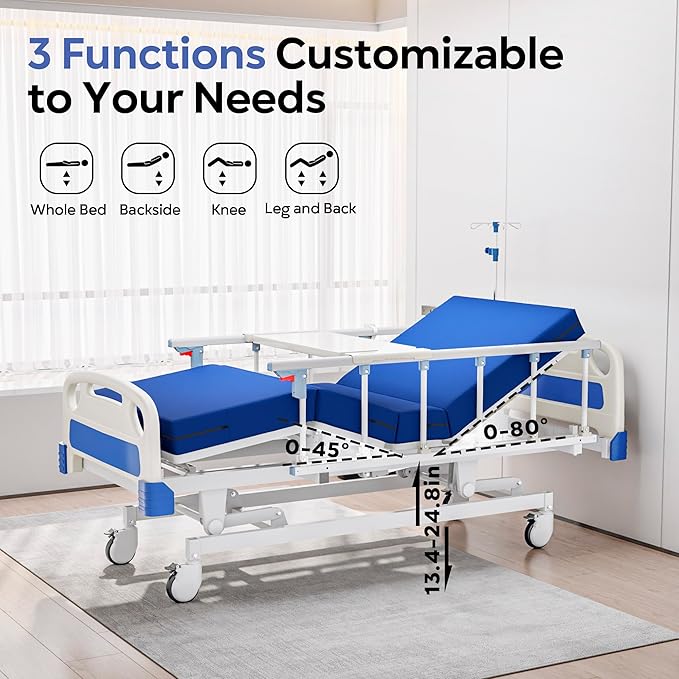 Premium Full Electric Hospital Bed for Home Use, 3 Function Medical Bed with 4.7” Foam Mattress, Height Adjustable, Individual Locking, Includes Tray and Sheets (2X) (3 Function)