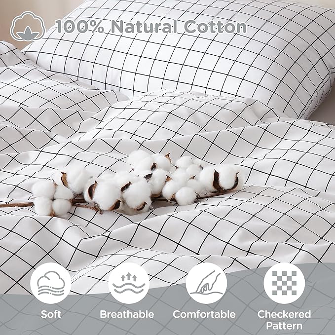 TOCOMOA Checkered Duvet Cover Set 100% Natural Cotton Soft Comfy Breathable 3 Piece White and Black Gingham Pattern Printed Comforter Cover Bedding Set (Queen 90"x90", Comforter Not Included)