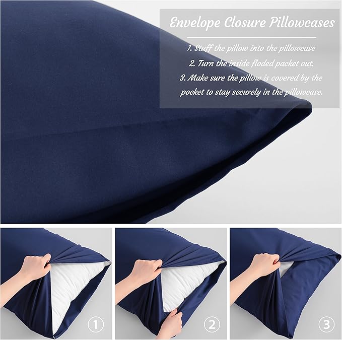 NTBAY Standard Pillow Cases Set of 2, 2 Pack Brushed Microfiber 20x26 Pillow Cases, Soft, Wrinkle, Fade, Stain Resistant Navy Blue Pillow Cases with Envelope Closure, 20x26 Inches, Navy Blue