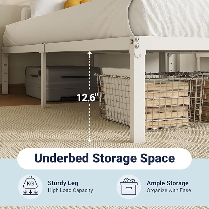 Allewie Queen Bed Frame, 14 inch Metal Platform Beds with Storage Space, No Box Spring Needed and Easy Assembly, White