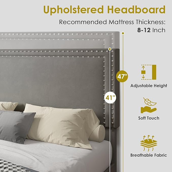 VECELO Twin Size Platform Bed Frame with Height Adjustable Upholstered Headboard, Modern Mattress Foundation,Strong Wood Slat Support, No Box Spring Needed, Easy Assembly, Dark Grey