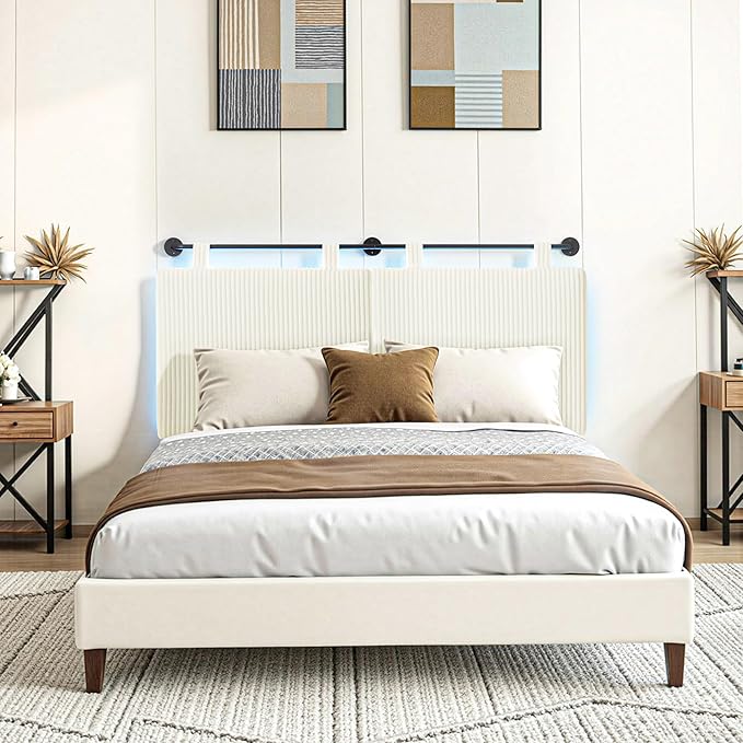 Headboard Queen Size，Modern Wall Mounted Headboards with LED Light for Bed with Upholstery Hanging Headboard for Bedroom,Featuring High-Density Sponge Padding，White