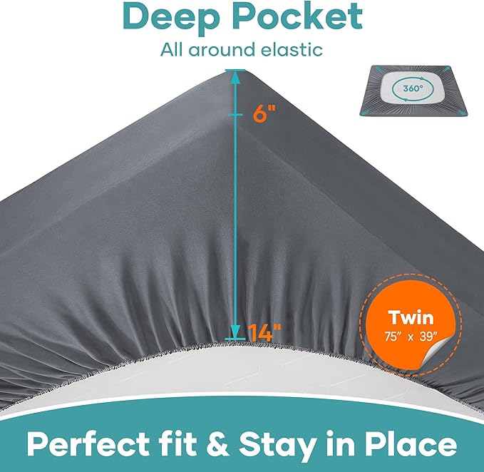 OhGeni 100% Waterproof Mattress Protector, Twin Grey Size, 6''-14'',Fitted Sheet with Deep Pockets, Premium Noiseless Breathable Soft Hypoallergenic Material, Mattresses Cover for Bed