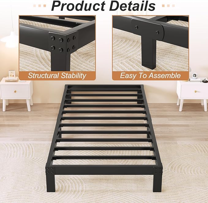 4 Inch Twin Bed Frame Heavy Duty Low Profile Metal Platform No Box Spring Needed with Steel Slat Support,Easy Assembly,Noise-Free (4 inch,Twin)