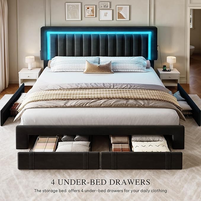 YITAHOME Queen Size Bed Frame with Adjustable Headboard, 4 Storage Drawers and RGB LED Lights, Velvet Upholstered Platform Bed with USB Ports, No Box Spring Needed, Fast Assembly, Noise-Free, Black