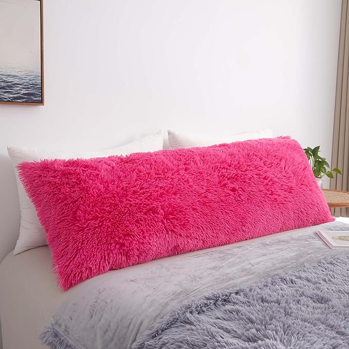 MEGO Luxury Fluffy Body Pillow Cover, 20x54 Shaggy Faux Fur Body Pillow Case, Soft Plush Fuzzy Body Pillowcase, Decorative Furry Long Bed Pillow with Zipper Closure Hug Pillow for Bedroom Hot Pink