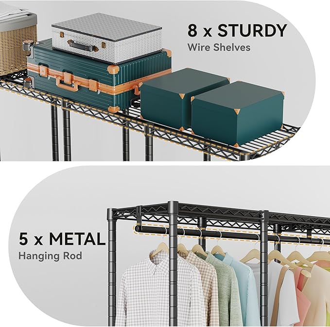 Higeego H5 Extra Large Wire Garment Rack, Heavy Duty Clothes Rack, Freestanding Clothing Rack for Hanging Clothes, Wardrobe Closet with Adjustable Shelf, 93.3" Wx15.7 Dx75.4 H, Black, Load 1400 lbs