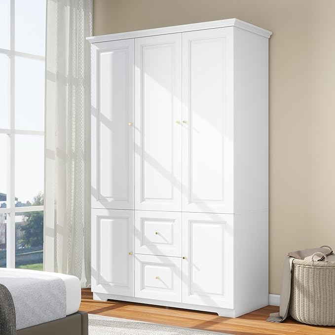 Armoire Wardrobe Closet with 3 Drawers: 74" White Wardrobe Closet with 3 Doors, Large Wardrobes Closets for Hanging Clothes, Bedroom Armoires and Wardrobes