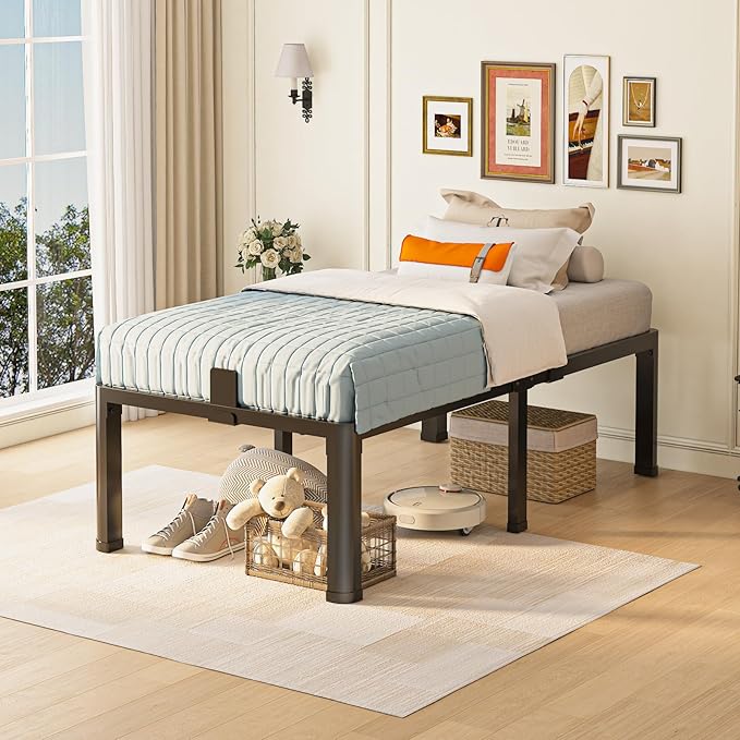Yitong Angel 18 inch Twin Bed Frame with Round Corner Legs Mattress Slide Stopper,3500 lbs Heavy Duty Metal Platform,No Box Spring Needed,Steel Slat Support,Easy Assembly,Noise Free