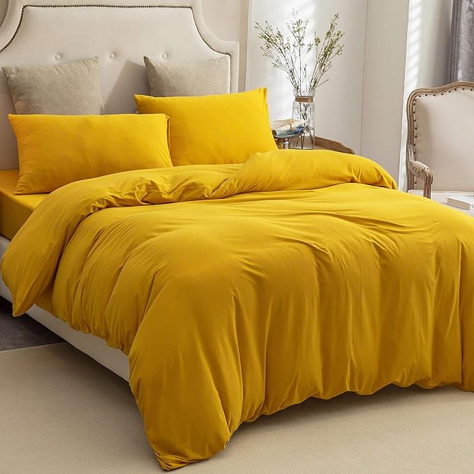 PURE ERA Jersey Knit Duvet Cover Set 100% T-Shirt Cotton Super Soft Comfy 3pc Bedding Set with Zipper Closure (Solid Yellow, King)