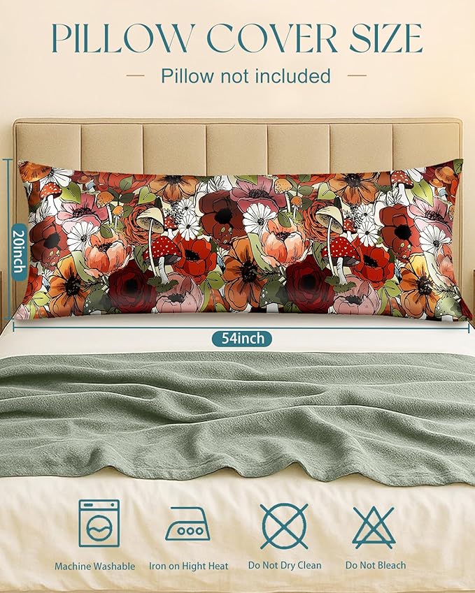 Miss Adola Silk Body Pillow Cover with Zipper - 20x54 Inch Silk Long Pillow Case for Women Ladies Adults Soft Bed Decorative Cute Boho Large Body Pillowcase Sham for Hair and Skin, Flower Mogu