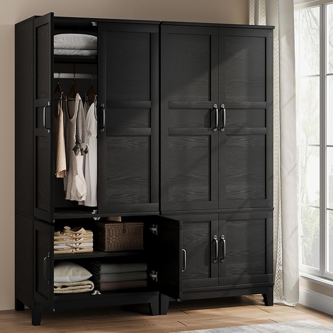 GarveeHome Armoire Wardrobe Closet with 4 Doors, 72 in Wooden Wardrobe Cabinet with Hanging Rod, Freestanding Tall Clothing Armoire Storage Cabinet with Adjustable Shelves for Bedroom, Black