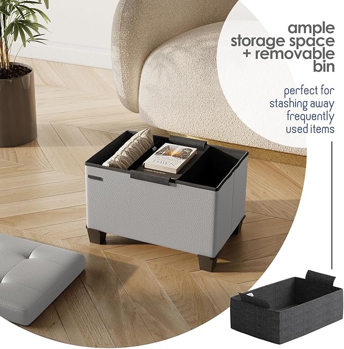Storage Ottoman Cube with Small Bin, 16-in Square Ottoman with Storage for Living Room and Bedroom, Small Ottomans Foot Rest, Leather Foot Stools Ottomans Max 330lbs, Light Grey