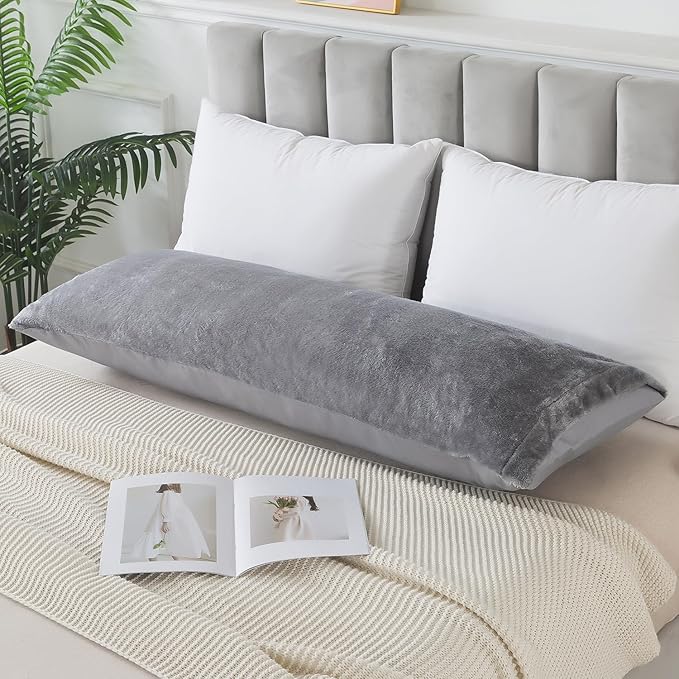 Whatsbedding Sherpa Body Pillow Cover, Ultra Soft Faux Fur Body Pillowcase, Luxury Shaggy Plush Long Pillowcase, Envelope Closure - Grey (20x54 inch)
