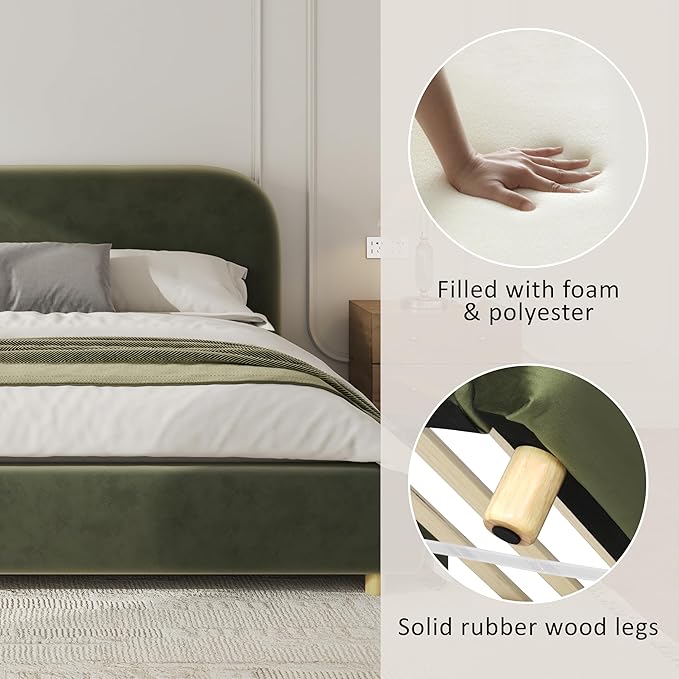 Merax California King Size Teddy Fleece Thick Fabric Upholstered Platform Bed with Curved Shaped Headboard, Wood Bed Frame with Solid Round Legs for Kids Teens Adults, Olive Green