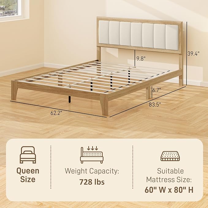 HOMCOM Queen Size Bed Frame with Upholstered Headboard, Platform Bed Frame with Wooden Slats, No Box Spring Needed, Easy Assembly, Natural