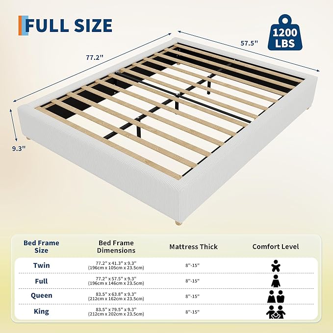 GarveeHome Full Size Cloud Bed Frame，Corduroy Low Bed Frame Without Headboard, Thick Fabric Upholstered Platform Bed, Solid Wood Legs, No Box Spring Needed, Never Squeak, Easy Assembly, White