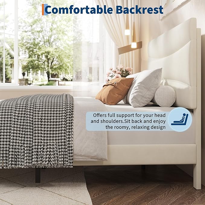 IDEALHOUSE Queen Size Upholstered Platform Bed Frame with Ergonomic Headboard, Beige Soft Fabric, Heavy Duty Wooden Slats, Noise-Free, 6.3" Underbed Storage, No Box Spring Needed, Easy Assembly