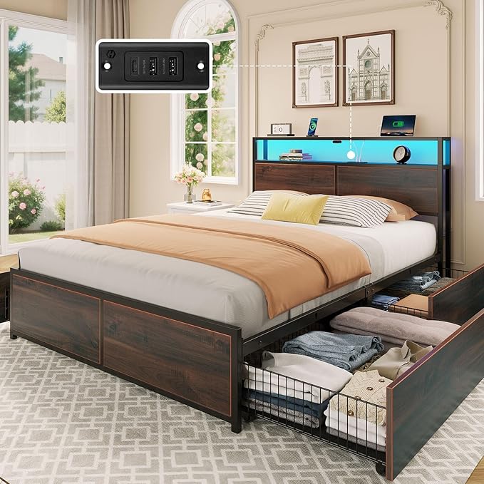 Rolanstar Queen Bed Frame with 4 Storage Drawers & 2-Tier Storage Headboard, Metal Platform Bed Frame with Charging Station & LED Lights, Noise-Free, No Box Spring Needed, Easy Assembly, Espresso