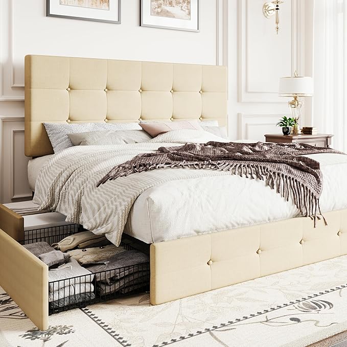 SHA CERLIN Upholstered Queen Size Platform Bed Frame with 4 Storage Drawers, Adjustable Headboard with Square Stitched Button Tufted Design, Wooden Slat Support, No Box Spring Needed, Beige