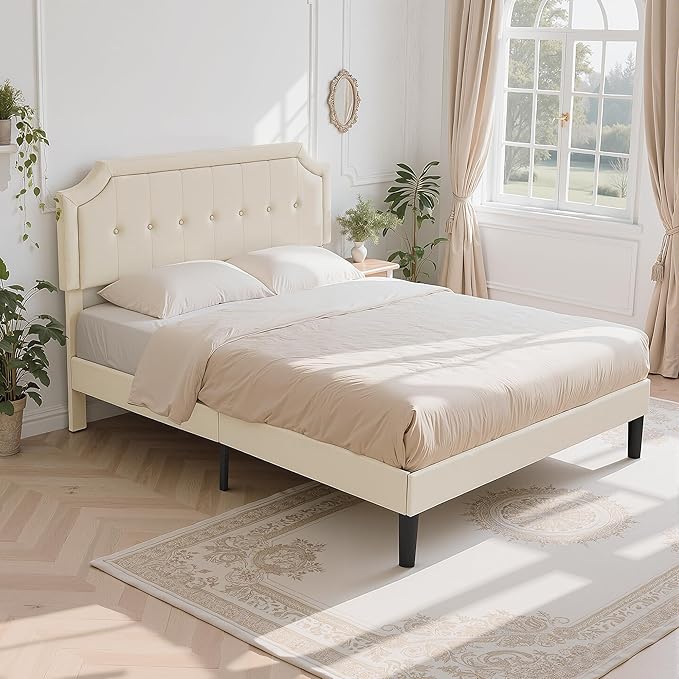 VECELO Queen Size Platform Bed Frame with Fabric Upholstered Headboard and Wooden Slats Support, No Box Spring Needed/Easy Assembly,Beige