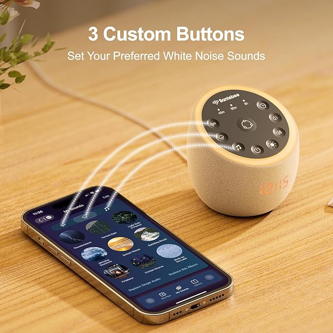 Santebee Sound Machine for Sleep, White Noise Sound Machine 388 Soothing Sounds, 3 Custom Buttons Smart APP Control Night Light, Noise Canceling Dimmable Clock for Adults Baby Kids Lullaby Office