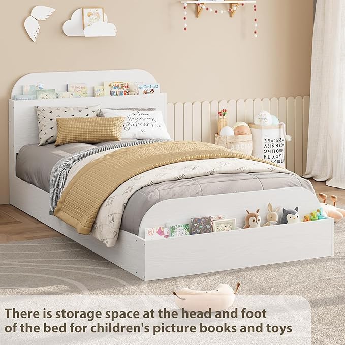 Garvee Twin Bed Frame with Headboard & Footboard – Low Platform Kids Bed, Wooden Twin-Floor Design, Noise-Free, No Box Spring Needed, White