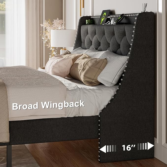 Feonase Full Size Bed Frame with Luxury Wingback and Fast Charging Station,Full Upholstered Button Tufted Storage Headboard Platform Bed,Sturdy Wooden Slats Support,Noise-Free, Easy Assembly,Dark Gray
