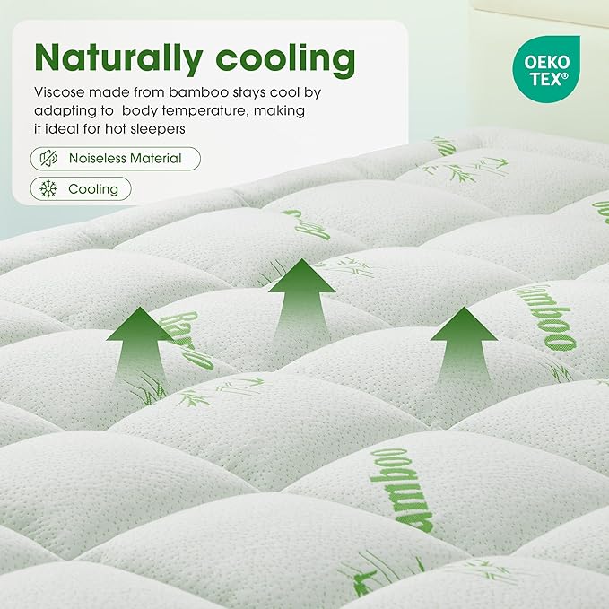 Mattress Pad King Size, Cooling Pillow Top Mattress Topper, Ultra Soft Viscose Made from Bamboo, Breathable for Hot Sleepers, Deep Pocket 8"-20", Green