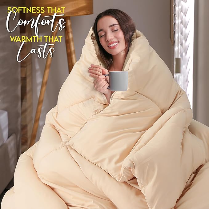 Utopia Bedding King Comforter Duvet Insert, Quilted Beige Comforter with Corner Tabs, Box Stitched Down Alternative Comforters King Size 90 x 102 inches