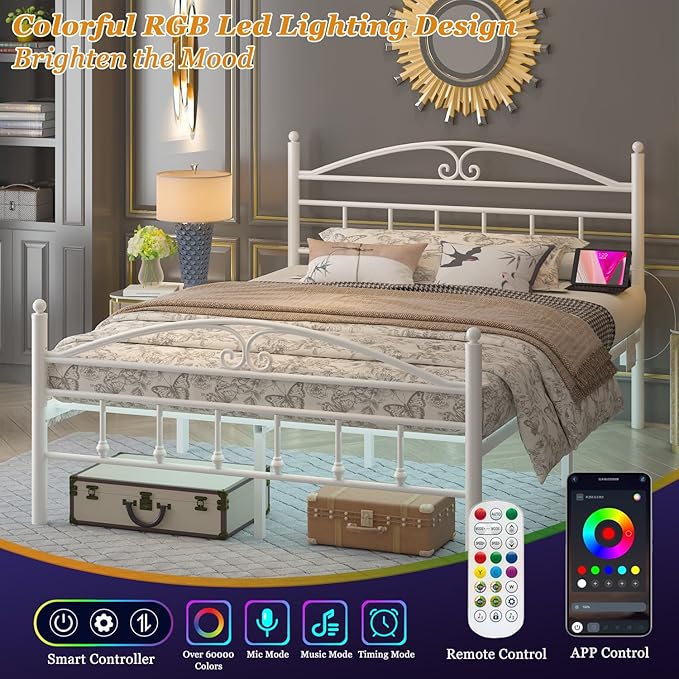 12 Inch Full Size Bed Frame with Charging Station,White Metal Platform Bed Frame with LED Lights,Heavy Duty Metal Steel Slats Support,No Box Spring Needed,Noise Free,Easy to Assemble