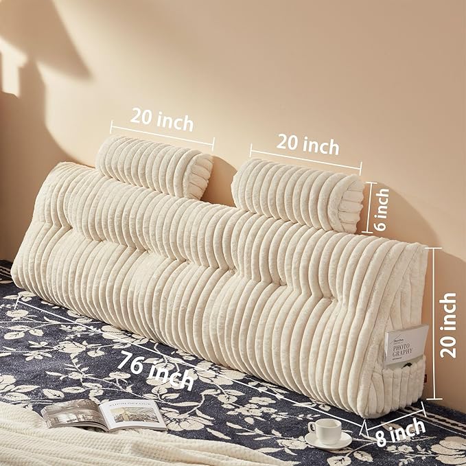 Rycwola Faux Fur Headboard Pillow with 2 Pack Neck Roll Pillow Large Headboard Pillow Soft and Supportive with Removable Cover (Beige, King)