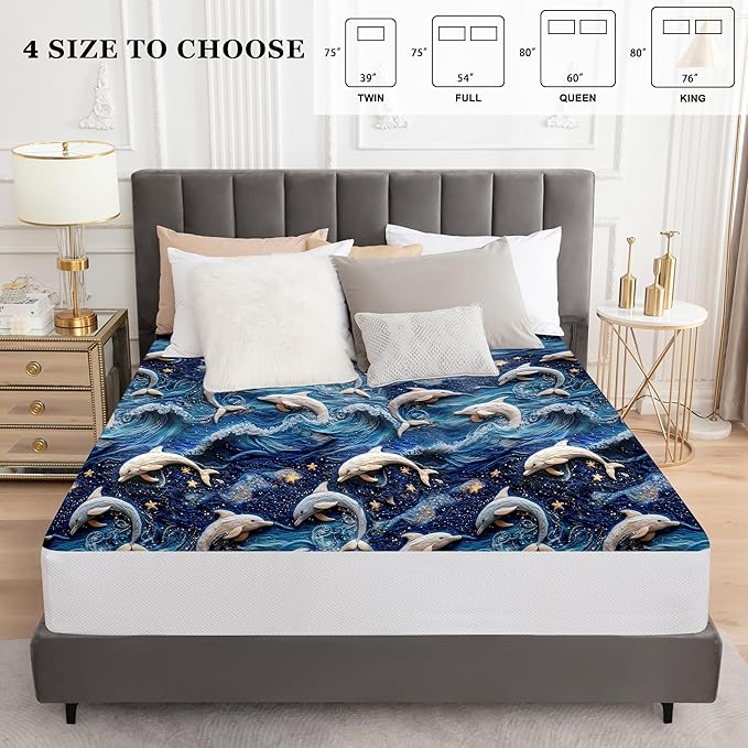 Sufdari Queen Mattress Protector,Waterproof Mattress Protector,Fitted Sheet Style Mattress Cover with 18" Deep Pocket,Washable and Comfortable-Dolphin,Queen